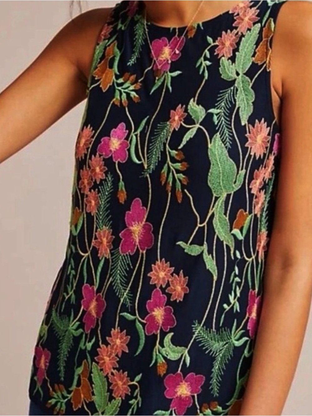 Meadow Rue by Anthropologie Floral Embroidered Tank Top – Navy | SXX